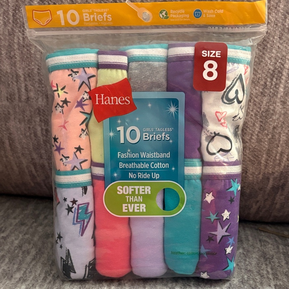 Hanes Girls Briefs 10-Pack. Size 8 in Pink, Purple, Teal, Gray & White